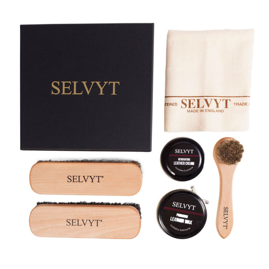 Selvyt Luxury Shoe Care Box - SET C - Brushes, Daubers, Cloth, Cream Polish & Wax