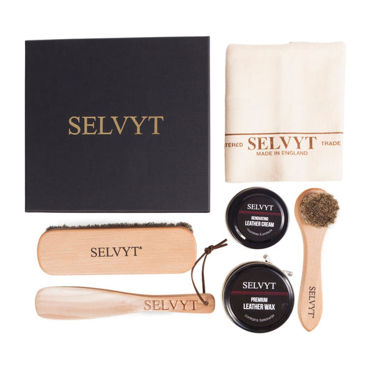 Selvyt Luxury Shoe Care Box - SET D - Brushes, Shoehorn, Cloth, Cream Polish & Wax