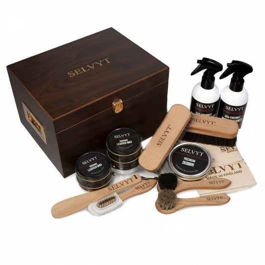 Selvyt Luxury Walnut Veneer Shoecare Valet Box with Cloths