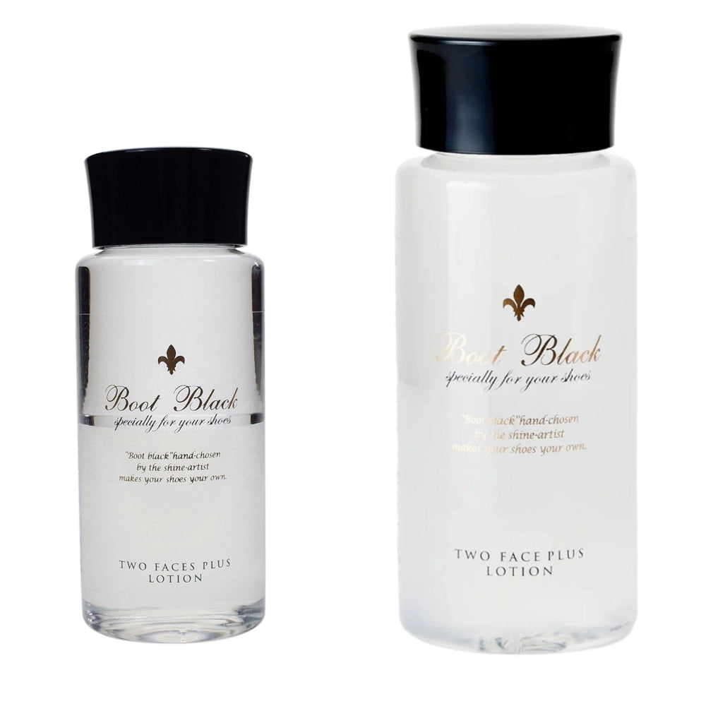 Two bottles of Boot Black Two Faces Plus Lotion for leather care, one in a smaller size and another in a larger size, both with white labels and black caps.