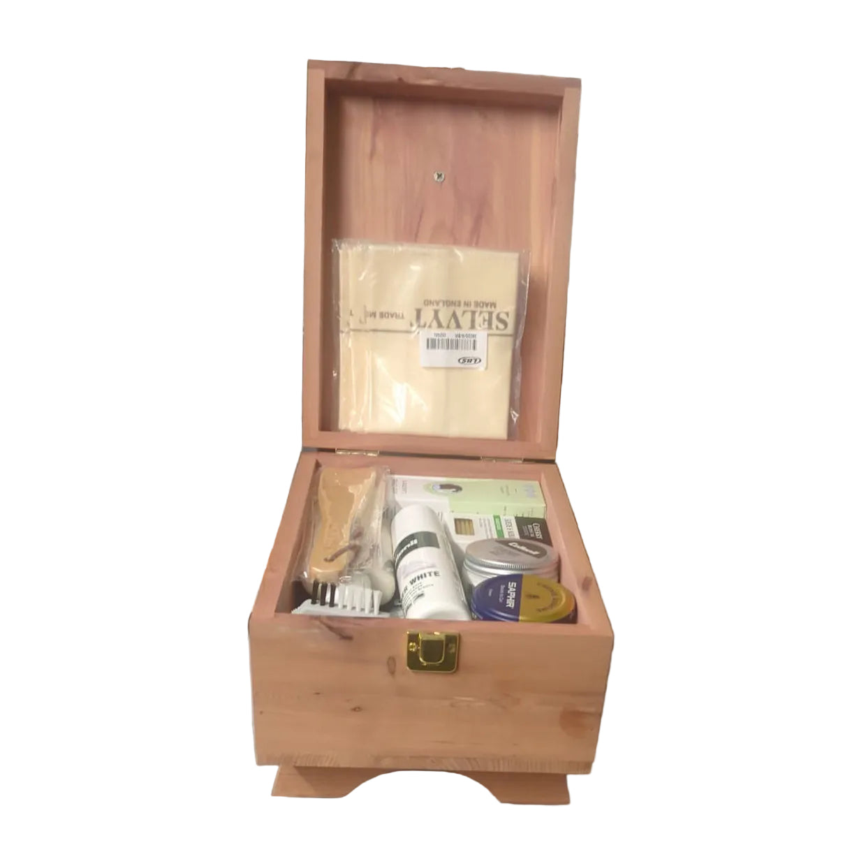 Wooden box with stationery items on a white background