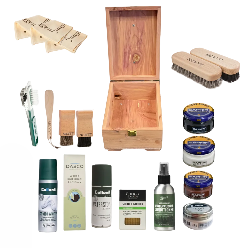 Collection of shoe care products including a wooden box, brushes, and containers on a white background.