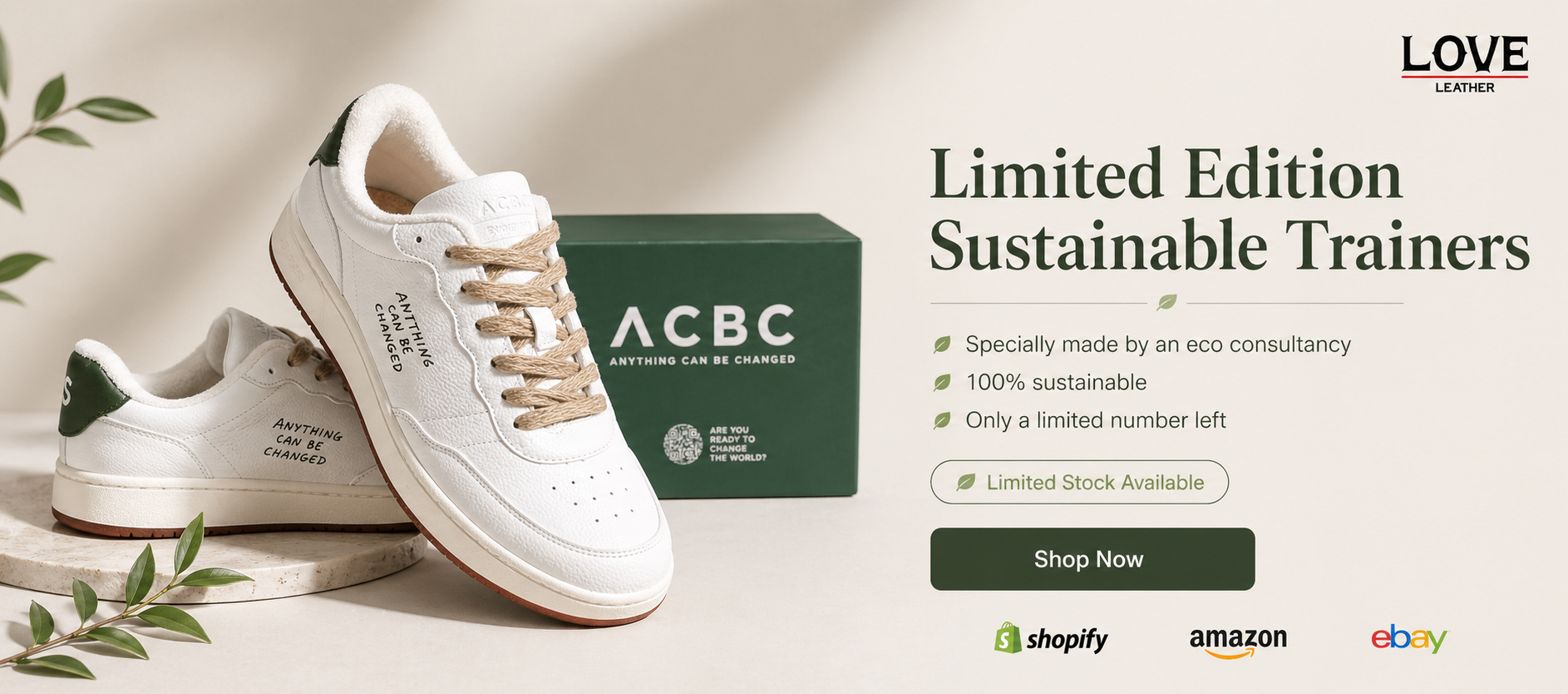 White sustainable trainer with green box labeled 'ACBC' on a light background