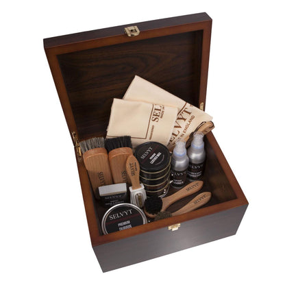 Selvyt Luxury Shoe Care Walnut Valet Gift Box Filled