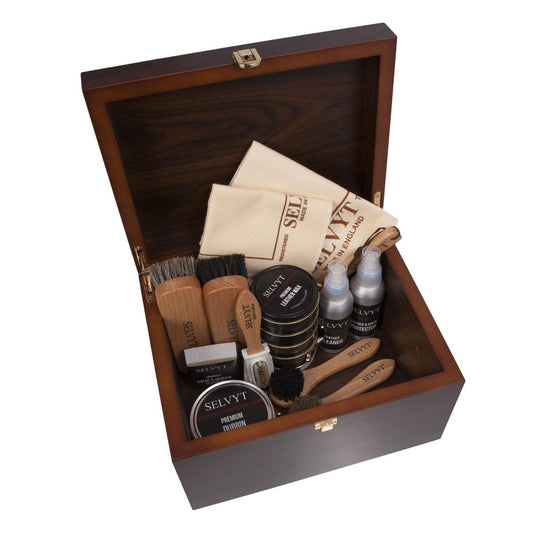 Selvyt Luxury Shoe Care Walnut Valet Gift Box Filled