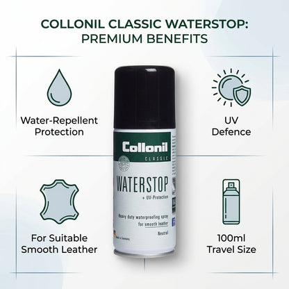 Collonil Waterstop 100ml Duty | Waterproofing Travel-Size Protection for Smooth Leather with UV Defence
