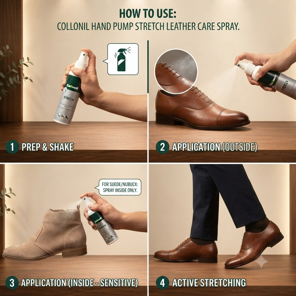 Collonil Hand Pump Stretch spray for softening leather and helping improve shoe comfort instruction how to use