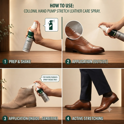 Collonil Hand Pump Stretch spray for softening leather and helping improve shoe comfort instruction how to use