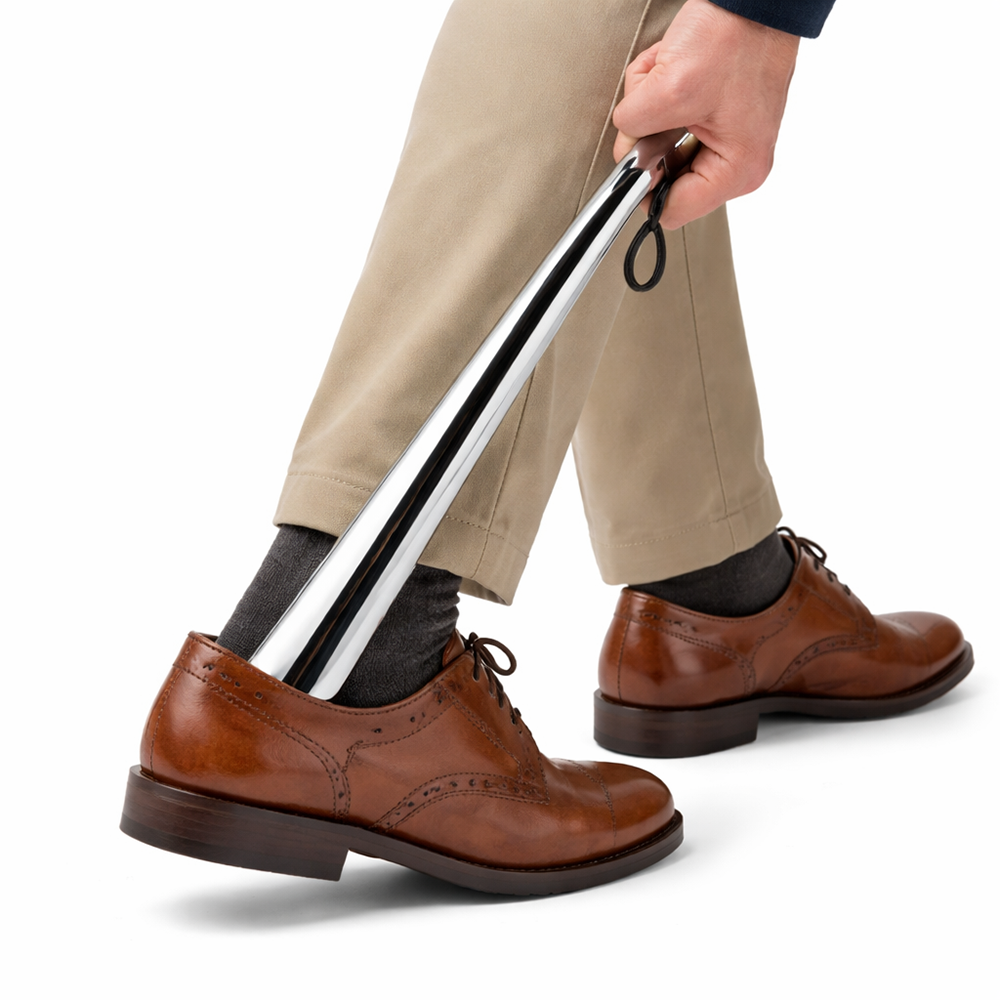 Person using a shoehorn to put on a brown shoe with beige pants on a white background