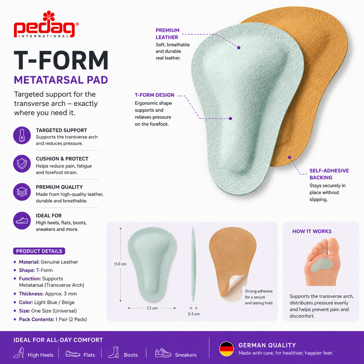 Pedag T-Form Metatarsal Pad Supports Cushions for Arch Relief